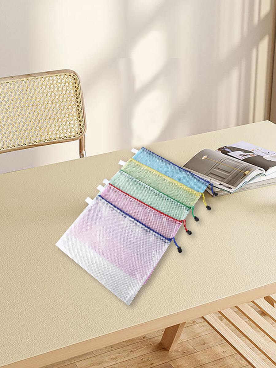 5pcs Mesh Zipper Pouch, Waterproof Zipper Document Folder & Pencil Case, For School & Office Supplies Storage - Green - View 1