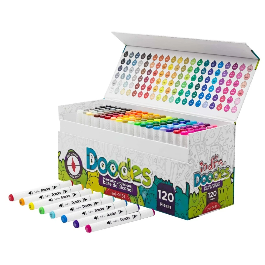 IND-0431 INDRA ART set 120 colores de marcadores de arte base  alchol doble punta pincel y cincel - Multicolor - Ver 1