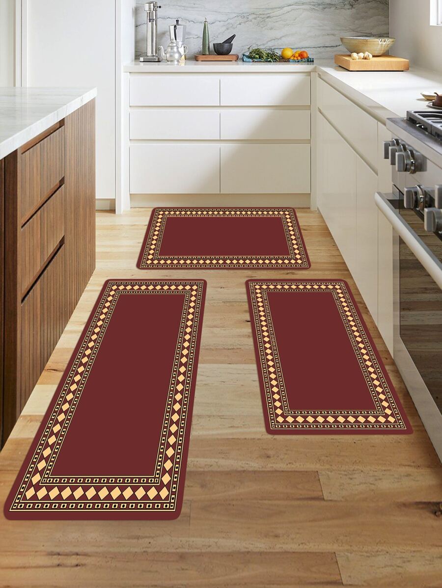1入組廚房墊現代簡約幾何印花地毯防滑長條臥室走廊浴室陽台區域地毯地墊 - 紅色 - 查看 1
