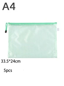 5pcs Mesh Zipper Pouch, Waterproof Zipper Document Folder & Pencil Case, For School & Office Supplies Storage - Green - View 5