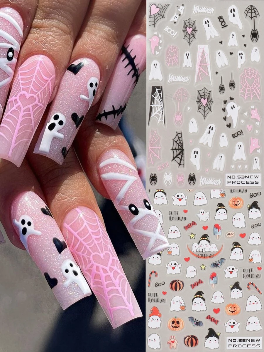 FULL BEAUTY 2入組萬聖節美甲貼紙迷人的鬼蜘蛛網南瓜帽貼花幽靈般美甲裝飾用品美甲配件 - 彩色 - 查看 1