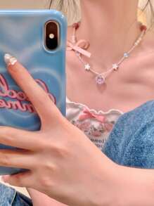 1條女士甜美合金立體五角星、蝴蝶結、多巴胺心臟、假珍珠裝飾項鍊，日常穿著 - 彩色 - 查看 3