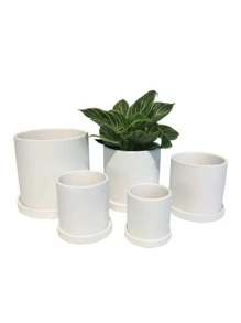 1套家庭花園多色赤土圓柱室內陶瓷花盆帶碟 - 白色 - 查看 1