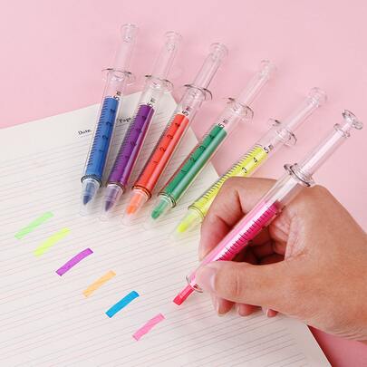 6pcs/Set Realistic Injection Syringe Shaped Fluorescence Pens, Stationery For Study And Office Back To School