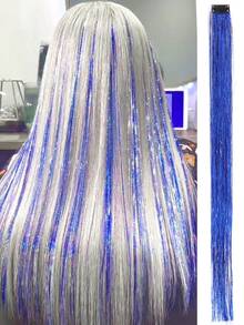 1pc/pack Clip in Hair Tinsel Strands Long Straight Hair Extensions Blue Highlight Hair Sparkling Shiny Party Synthetic Hair Extensions - Blue - View 3