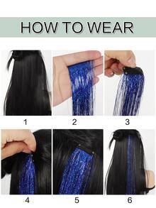 1pc/pack Clip in Hair Tinsel Strands Long Straight Hair Extensions Blue Highlight Hair Sparkling Shiny Party Synthetic Hair Extensions - Blue - View 5