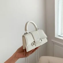 Mini Fashionable Flap Handbag With Metallic Chain Strap - White - View 3