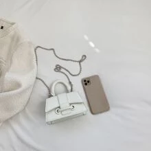 Mini Fashionable Flap Handbag With Metallic Chain Strap - White - View 7