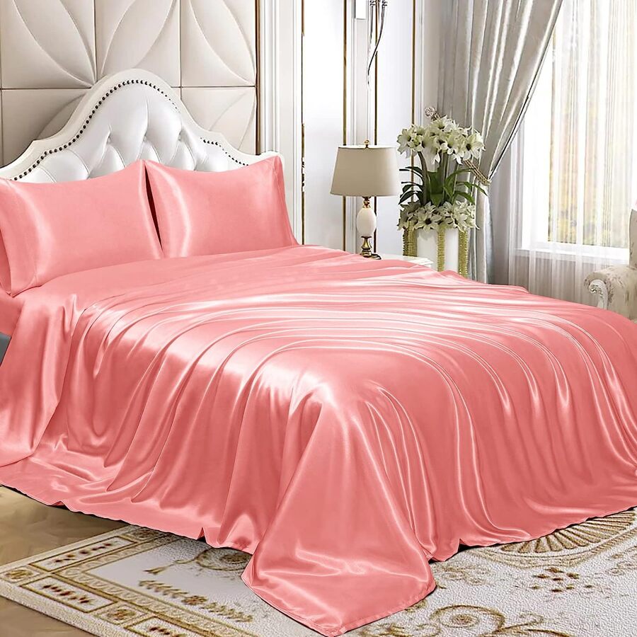 Satin Bedding Sheet Set, 4pcs - Pink - View 1