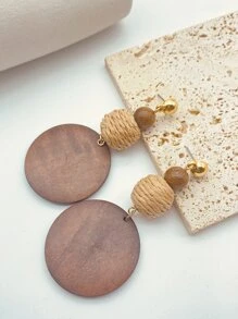 2pcs Brown Wood & Rattan Woven Bead & Disc Dangle Earrings - Multicolor - View 5