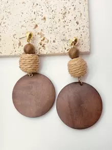 2pcs Brown Wood & Rattan Woven Bead & Disc Dangle Earrings - Multicolor - View 1