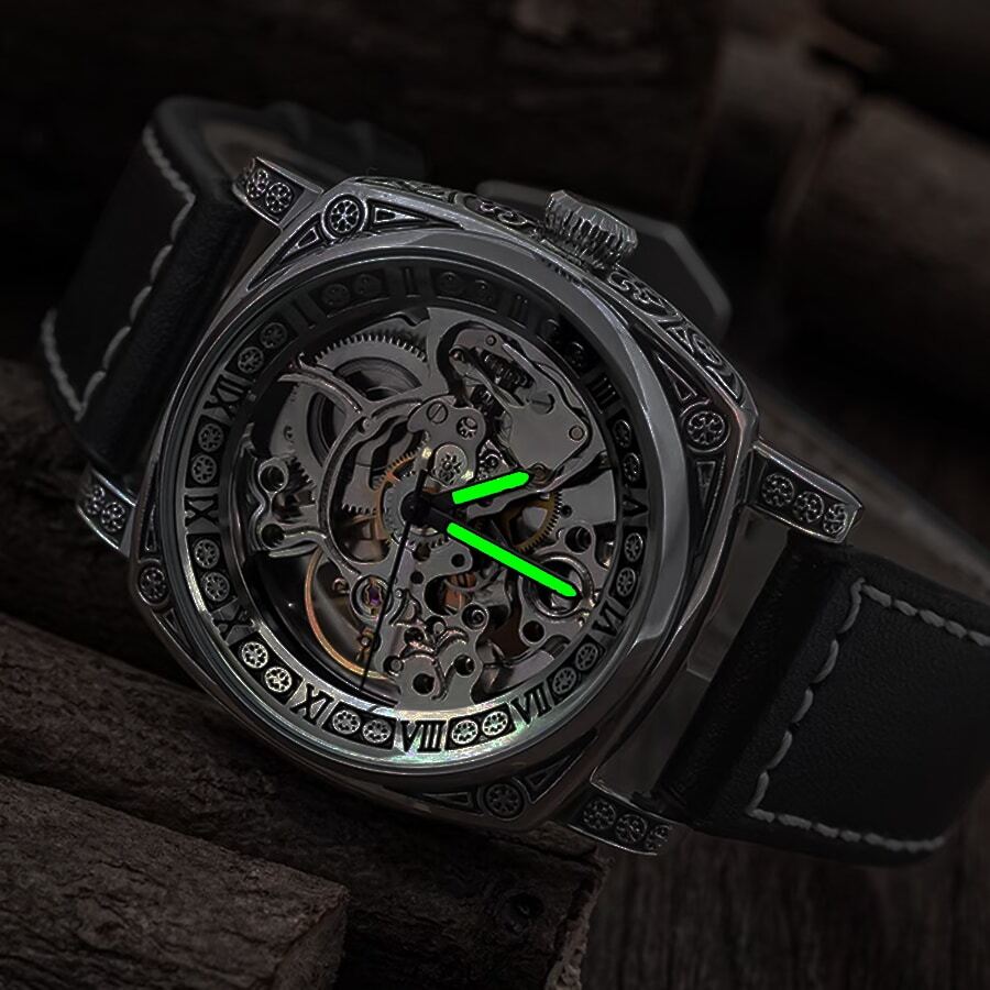 Hombres Reloj mecánico de puntero redondo - Negro - Ver 1