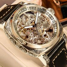 Hombres Reloj mecánico de puntero redondo - Negro - Ver 8