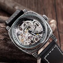 Hombres Reloj mecánico de puntero redondo - Negro - Ver 4