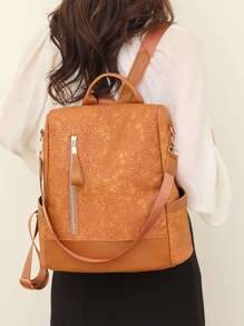 Waterproof,Anti Theft Colorblock Zip Front Backpack For Women, Rookies & White-Collar Workers, Durable Stylish Practical Khaki Printing Pattern Back Open Pocket, Anti-Theft Function, Can Hold Mobile Phone Tablet Ipad, Multi-Purpose Shoulder Bag Messenger Bag, Can Hold Water Cup, Suitable For Travel, Travel, Outing, Outdoor College Students, Young People, Girls, Old PeopleSchool Backpack,School Bag,Backpack For School,Back To School,Big Backpack,Classic Casual, Suitable For Teen Girls Women College Students, Perfect For Back To School,College,Middle School, High School - Khaki - View 6