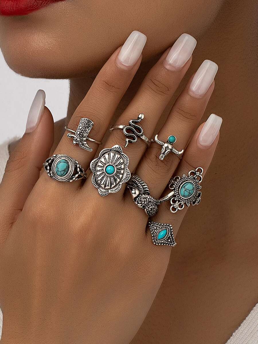 8 Cao Bồi Miền Tây Giày ống Gia súc Con bò Đầu Màu ngọc lam Đá trang trí Nhẫn Bộ Đối với phụ nữ - Màu Bạc Cổ - Xem 1