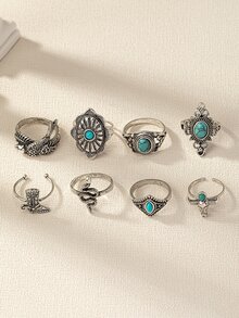 8 Cao Bồi Miền Tây Giày ống Gia súc Con bò Đầu Màu ngọc lam Đá trang trí Nhẫn Bộ Đối với phụ nữ - Màu Bạc Cổ - Xem 2