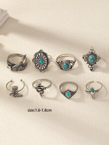 8 Cao Bồi Miền Tây Giày ống Gia súc Con bò Đầu Màu ngọc lam Đá trang trí Nhẫn Bộ Đối với phụ nữ - Màu Bạc Cổ - Xem 5