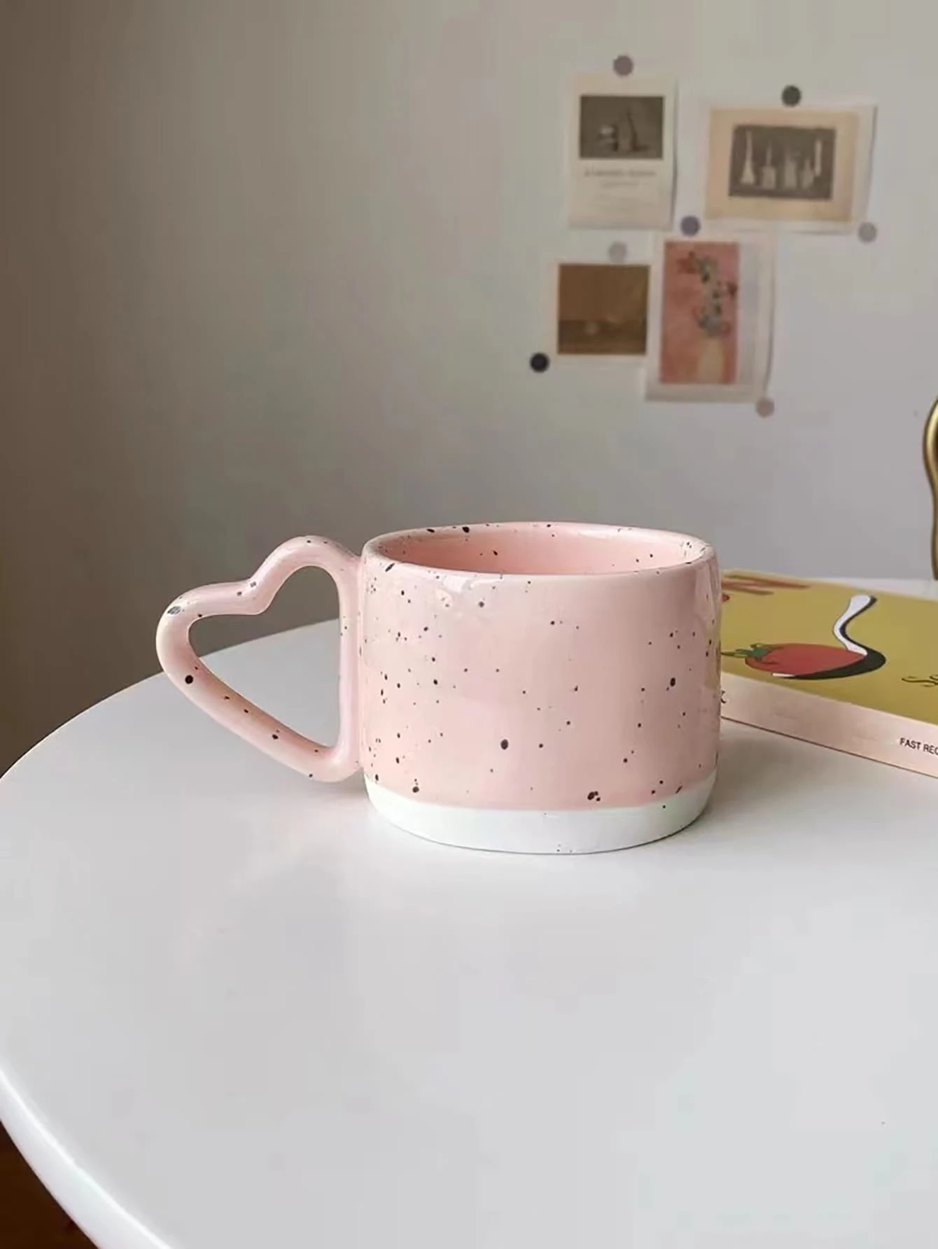 1pc Handmade Pink Heart Shaped Ceramic Mug With Splash Ink & Handle, For Coffee - Pink - View 1