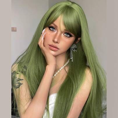 1 Pieza De Peluca Sintética Resistente Al Calor Y De Cabello Liso En Verde, De 24 Pulgadas De Largo, Hecha De Fibra, Adecuada Para Uso Diario, Una Peluca Falsa Natural Y Realista.