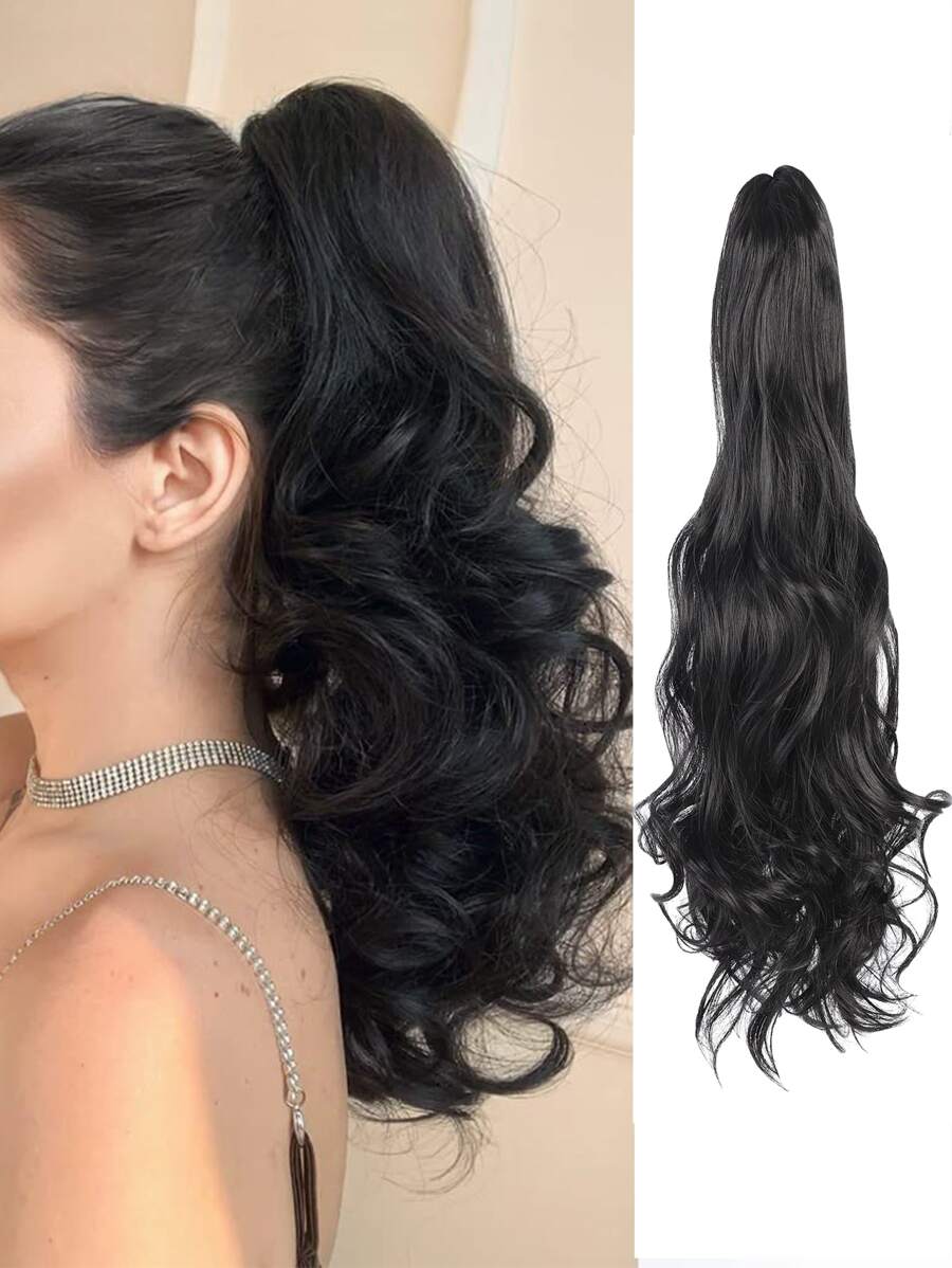 马尾假发，黑色马尾接发爪 22 英寸波浪接发马尾假发蓬松卷发夹马尾金色马尾假发片女士日常 - 黑色 - 查看 1
