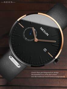 Nesun Dual Dial Mechanical Watch Calendar Fashionable Casual Black Leather Strap Men's Watch 1pc - Black - View 2