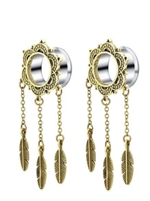 1對時尚不銹鋼羽毛裝飾耳擴適合女士適用於禮品 - 三片樹葉吊墜耳擴 - 查看 2