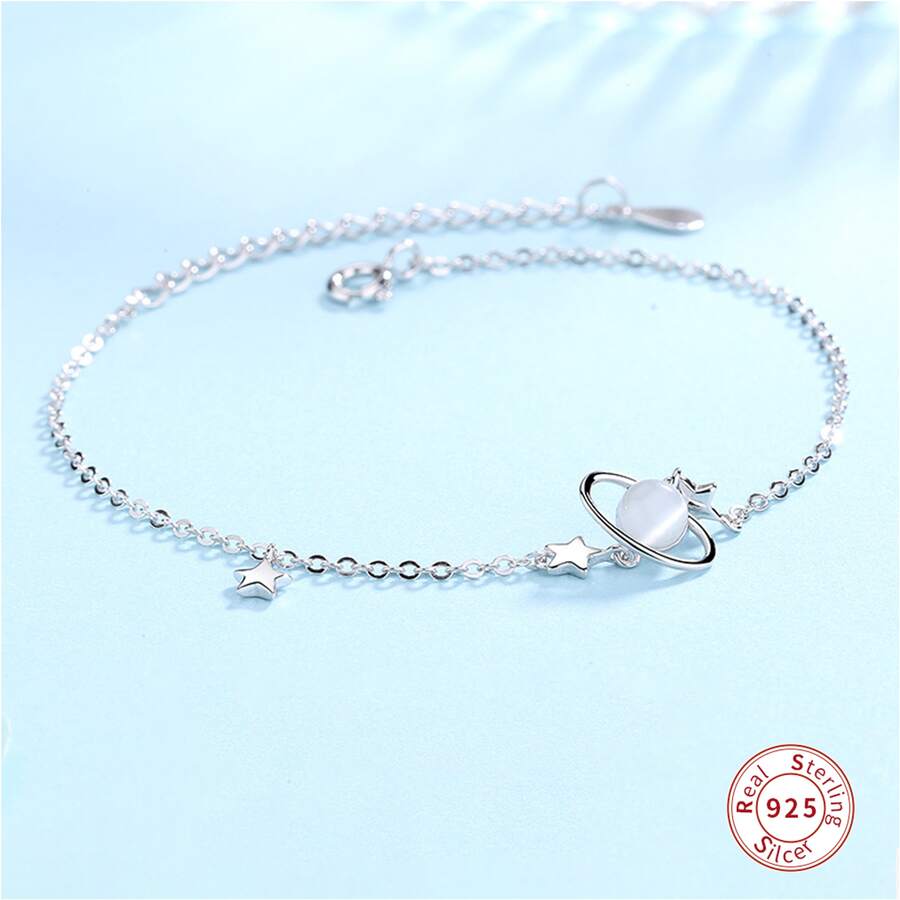 Fashionable S925 Sterling Silver Bracelet For Women With Dreamy Planet Moonstone - White - View 1