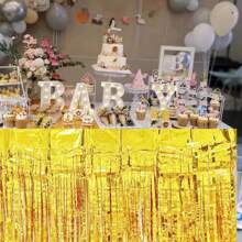 1入組金色金屬箔流蘇金屬箔桌裙適用於長方形桌子飄帶窗簾背景生日婚禮畢業嬰兒送禮會派對裝飾-29x108英寸 - 金色 - 查看 5