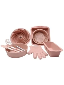 Baking Set - 9pcs Square Pizza Pan & Round Toast Pan & Silicone Cake Mould & Other Baking Tools For Home Use - Pink - View 1