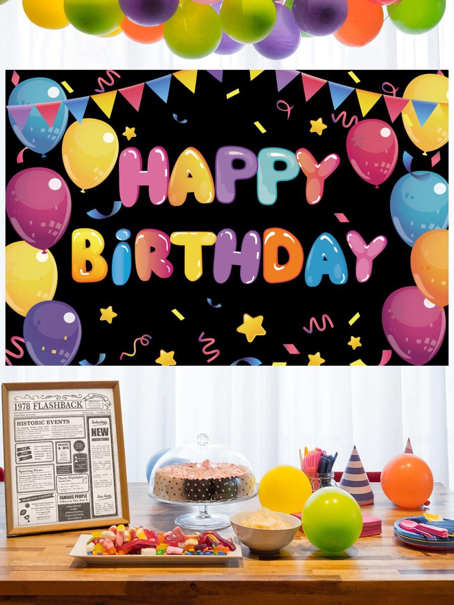 1pc Colorful Balloons Happy Birthday Polyester Party Background Cloth, Perfect For Decorating Baby's Birthday Party - Multicolor - View 1
