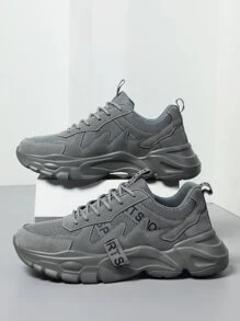 Sport Gris Chaussures Épaisses Pour Homme , À Applique Lettre À Lacets Baskets - Gris - Voir 9
