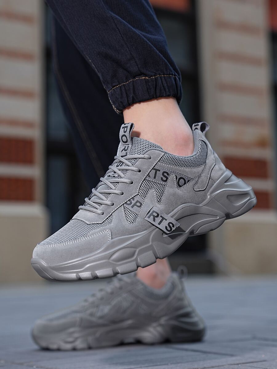 Sport Gris Chaussures Épaisses Pour Homme , À Applique Lettre À Lacets Baskets