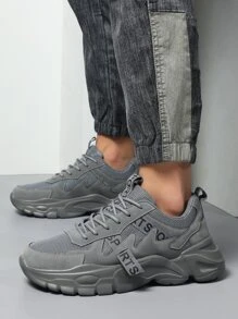 Sport Gris Chaussures Épaisses Pour Homme , À Applique Lettre À Lacets Baskets - Gris - Voir 10