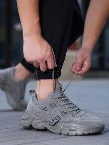 Sport Gris Chaussures Épaisses Pour Homme , À Applique Lettre À Lacets Baskets - Gris - Voir 8