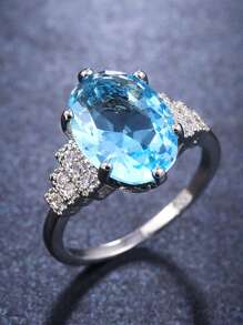 1入組華麗藍色方晶鋯石戒指適合女士適合情人節禮品婚禮訂婚儀式首飾類 - 淺藍色 - 查看 2