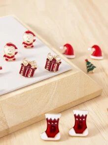 1套10對女士聖誕主題耳釘套裝聖誕老人/聖誕樹/拐杖糖/帽子/靴子，很棒節日禮物 - 彩色 - 查看 3
