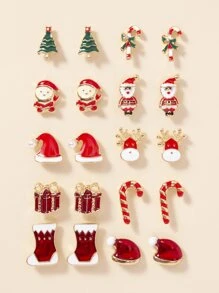1套10對女士聖誕主題耳釘套裝聖誕老人/聖誕樹/拐杖糖/帽子/靴子，很棒節日禮物 - 彩色 - 查看 1