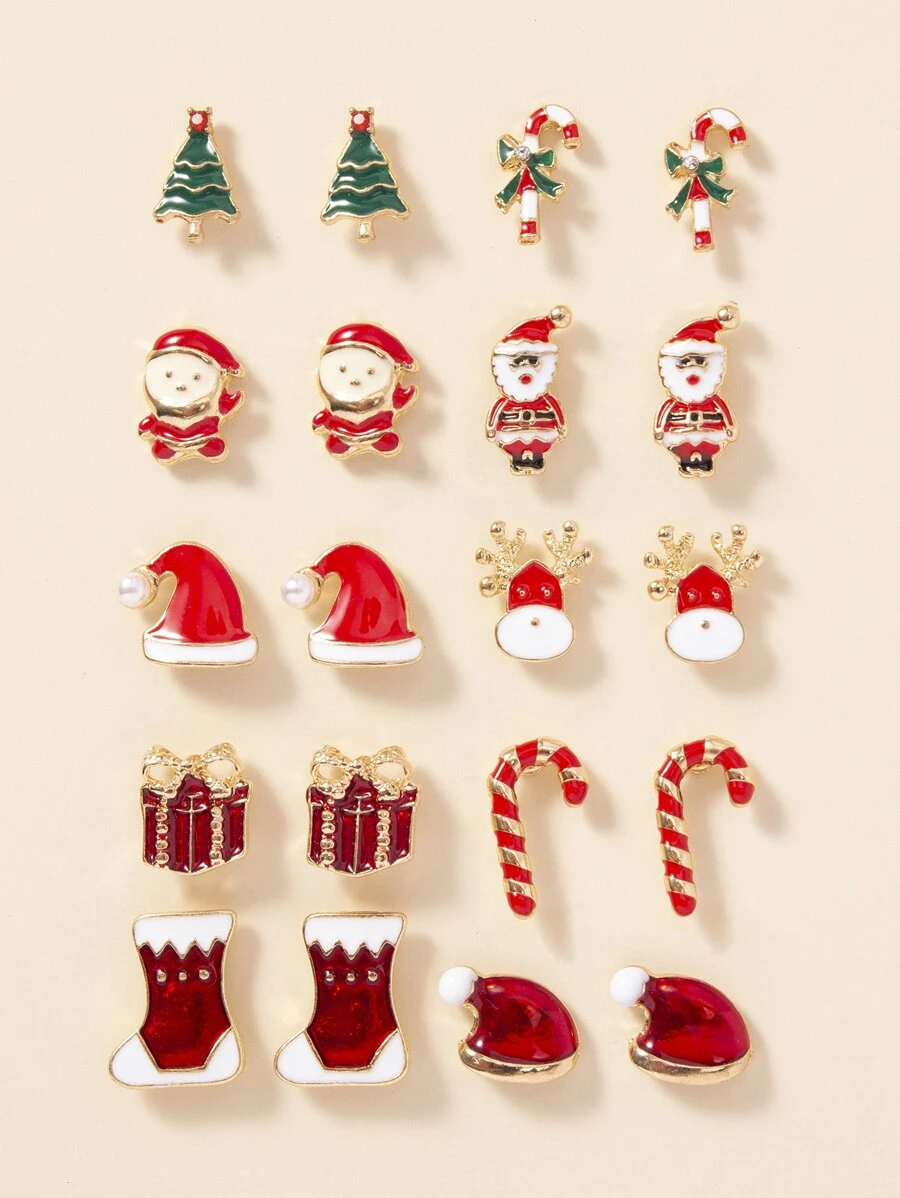 1套10對女士聖誕主題耳釘套裝聖誕老人/聖誕樹/拐杖糖/帽子/靴子，很棒節日禮物 - 彩色 - 查看 1