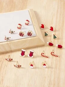 1套10對女士聖誕主題耳釘套裝聖誕老人/聖誕樹/拐杖糖/帽子/靴子，很棒節日禮物 - 彩色 - 查看 2