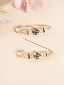 2pcs Women's Fashionable Beaded & Rhinestone Decor Brooch, Multi-functional Scarf Clip Accessories For Dressing Matching - Black - View 3