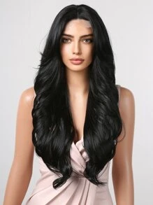 HAIRCUBE 13*4*1 女式 T 形部分蕾絲假髮，28 英寸黑色假髮迷人蓬鬆黑色蕾絲假髮女式浪漫優雅黑色中分長捲曲合成蕾絲假髮 - 黑色 - 查看 1