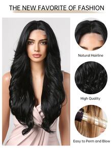 HAIRCUBE 13*4*1 女式 T 形部分蕾絲假髮，28 英寸黑色假髮迷人蓬鬆黑色蕾絲假髮女式浪漫優雅黑色中分長捲曲合成蕾絲假髮 - 黑色 - 查看 5