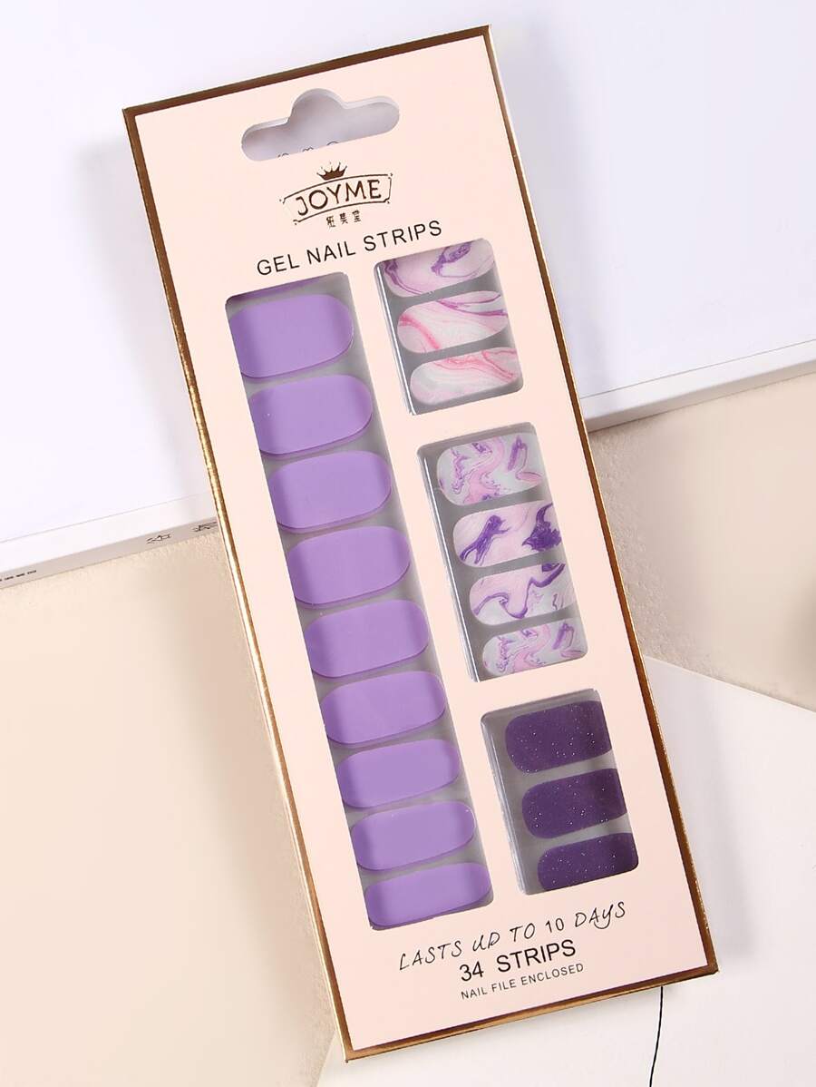JOYME 盒34張貼紙紫色污跡石紋閃光美甲貼紙，帶1入組指甲銼，適合女士和女孩，享受浪漫 - 彩色 - 查看 1