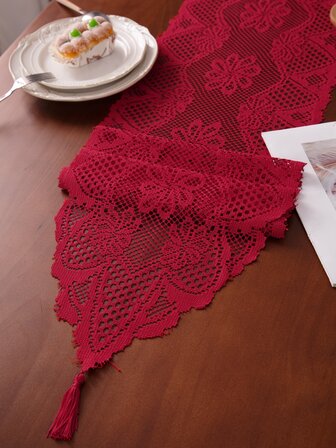 1入組鉤針鏤空八葉設計復古風格桌旗，適用於電視櫃、咖啡桌等