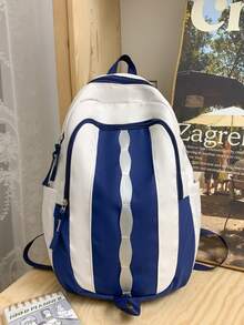 Mochila ligera, portátil del estudiante de las mujeres de moda con características múltiples - Azul y blanco - Ver 7