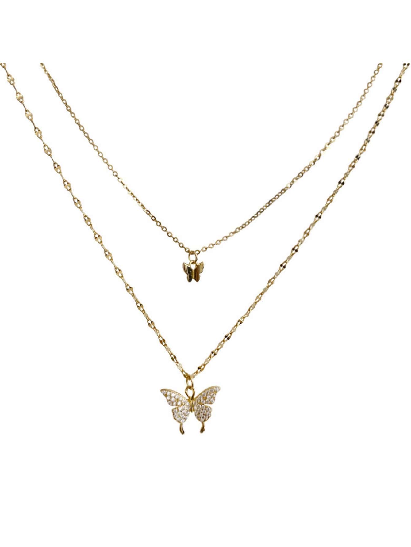 1 Máy Tính 2 Lớp Dát Kim Cương Giả Bướm Vòng Cổ Cho Nữ, Phụ Kiện Thời Trang Cho Đám Cưới/Ngày/Mua Sắm/Mặc Hàng Ngày - Vàng - Xem 1