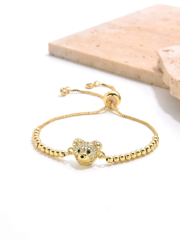 1 pieza Cubic zirconia Pave Bear Head Charm Bracelet con cadena de cuentas, ajustable