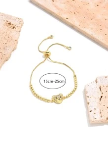 1pc Cubic Zirconia Pave Bear Head Charm Bracelet With Beaded Chain, Adjustable