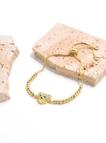 1pc Cubic Zirconia Pave Bear Head Charm Bracelet With Beaded Chain, Adjustable